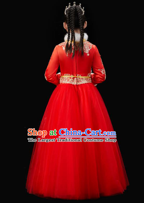 Chinese New Year Garment Costume Ancient Princess Clothes Traditional Stage Performance Clothing Children Fan Dance Red Dress