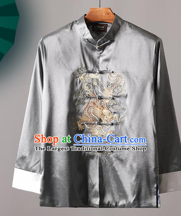 Chinese Traditional Jacket Grey Stand Collar Outer Garment Embroidered Dragon Coat