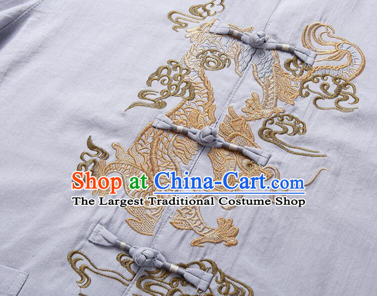 Chinese Embroidered Dragon Shirt Traditional Grey Linen Upper Outer Garment