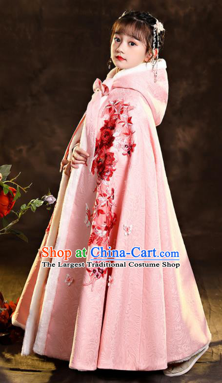 Chinese Winter Embroidered Woolen Mantle Ancient Princess Pink Long Cape Children New Year Clothing Classical Dance Costume