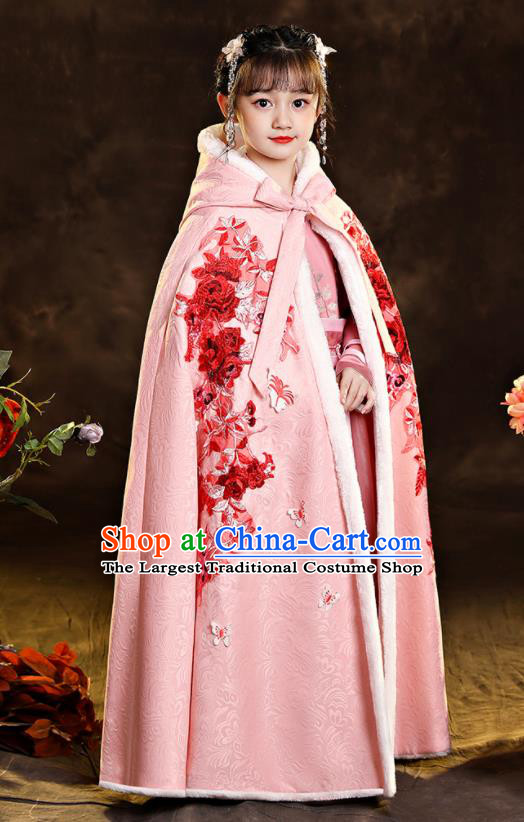 Chinese Winter Embroidered Woolen Mantle Ancient Princess Pink Long Cape Children New Year Clothing Classical Dance Costume