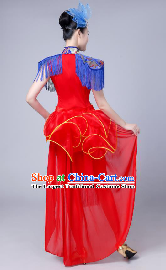 China Drum Dance Attires Fan Dance Garment Costume Folk Dance Royal Blue Qipao Dress Stage Performance Clothing