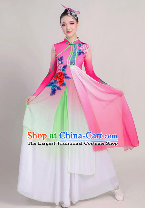 China Umbrella Dance Attires Fan Dance Garment Costume Classical Dance Dress Stage Performance Megenta Chiffon Clothing