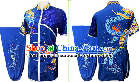 Chinese Embroidered Dragon Royal Blue Outfit Martial Arts Changquan Uniforms Kung Fu Costumes Traditional Wushu Competition Clothing