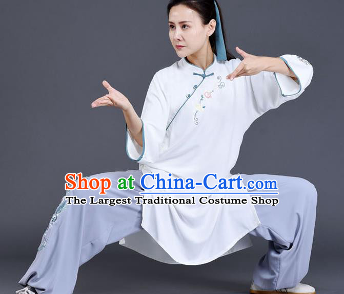 Chinese Tai Chi Training Costumes Tai Ji Chuan White Outfits Traditional Shadow Boxing Embroidered Clothing