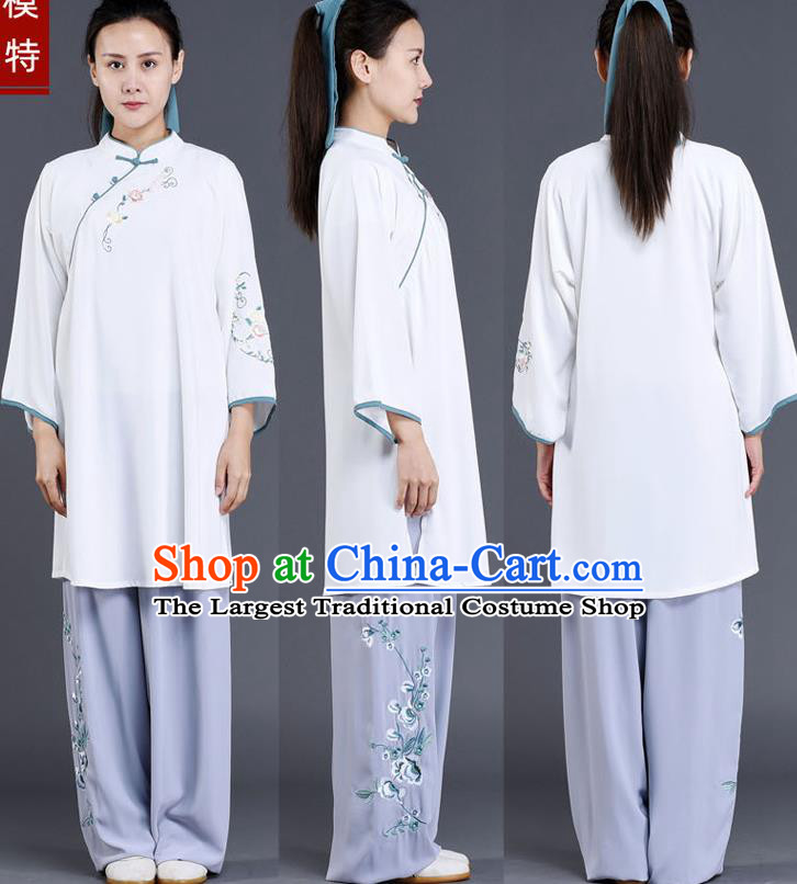 Chinese Tai Chi Training Costumes Tai Ji Chuan White Outfits Traditional Shadow Boxing Embroidered Clothing