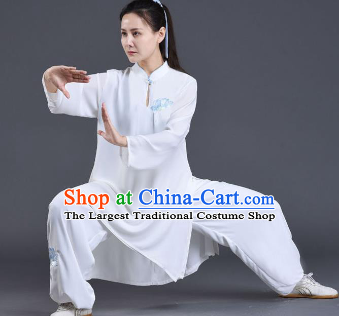 Chinese Traditional Shadow Boxing Embroidered Lotus Clothing Tai Chi Training Costumes Tai Ji Chuan Performance White Outfits