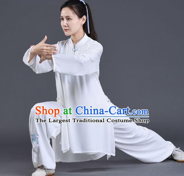 Chinese Traditional Shadow Boxing Embroidered Lotus Clothing Tai Chi Training Costumes Tai Ji Chuan Performance White Outfits