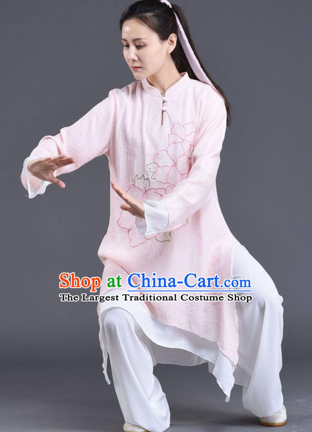 Chinese Tai Ji Chuan Performance Pink Linen Outfits Traditional Shadow Boxing Embroidered Clothing Tai Chi Training Costumes