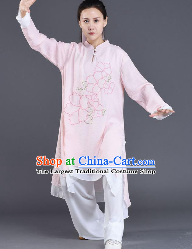 Chinese Tai Ji Chuan Performance Pink Linen Outfits Traditional Shadow Boxing Embroidered Clothing Tai Chi Training Costumes
