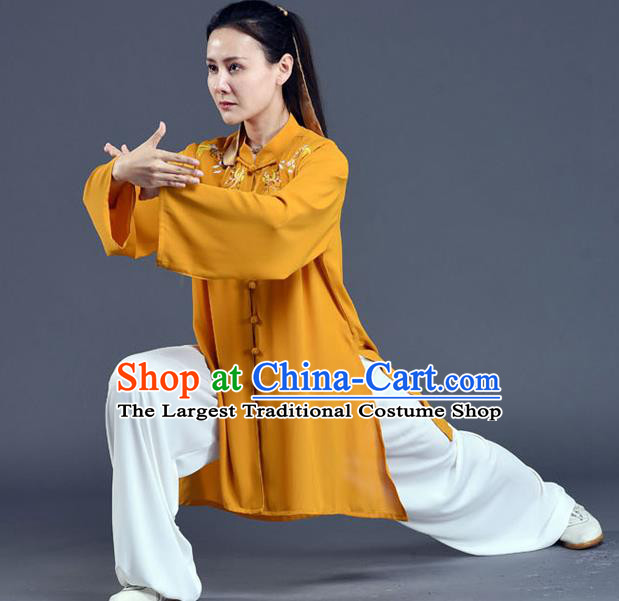 Chinese Tai Chi Training Clothing Tai Ji Chuan Competition Outfits Traditional Kung Fu Embroidered Ginger Shirt and White Pants