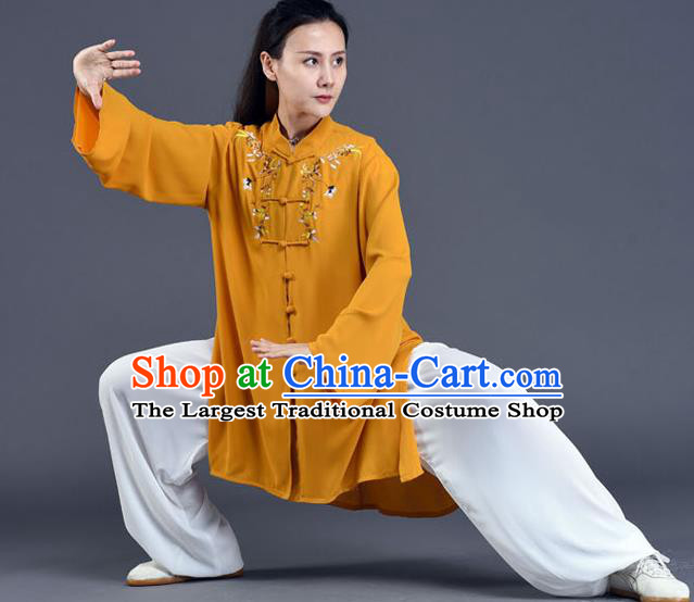 Chinese Tai Chi Training Clothing Tai Ji Chuan Competition Outfits Traditional Kung Fu Embroidered Ginger Shirt and White Pants