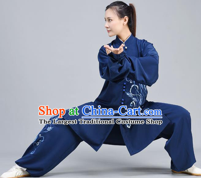 Chinese Traditional Kung Fu Embroidered Dark Blue Shirt and White Pants Tai Chi Training Clothing Tai Ji Chuan Competition Outfits