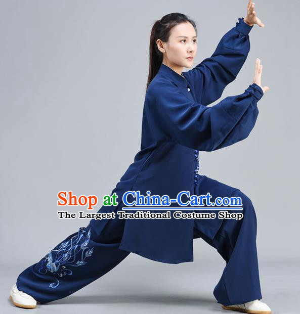 Chinese Traditional Kung Fu Embroidered Dark Blue Shirt and White Pants Tai Chi Training Clothing Tai Ji Chuan Competition Outfits