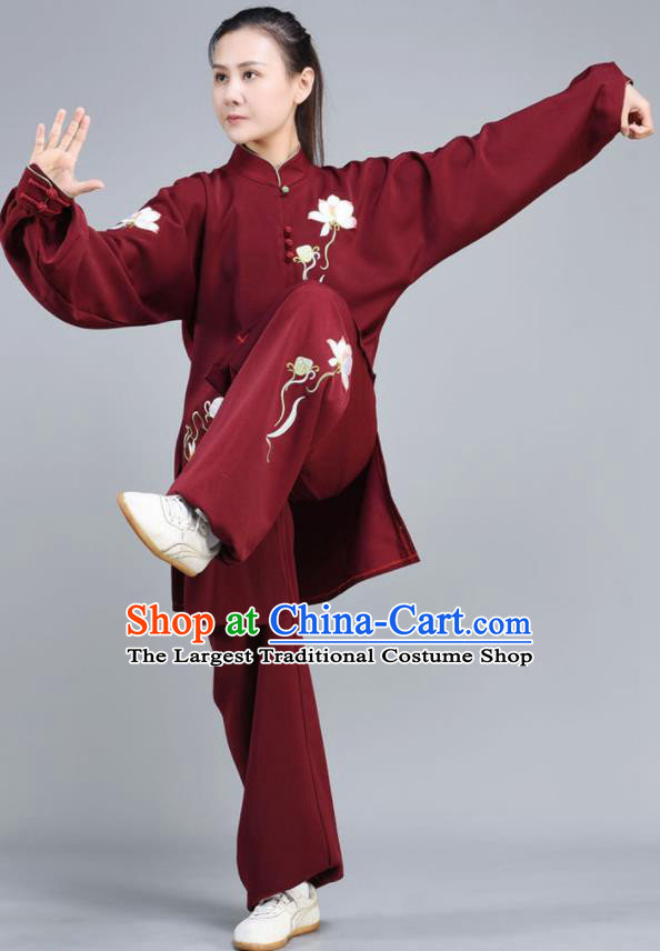 Chinese Tai Ji Chuan Competition Outfits Traditional Kung Fu Embroidered Lotus Shirt and Pants Tai Chi Training Maroon Clothing