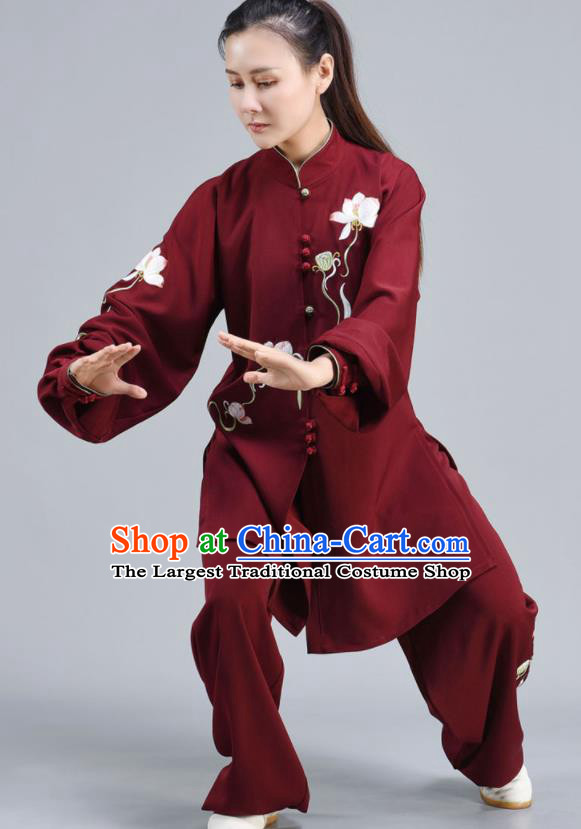 Chinese Tai Ji Chuan Competition Outfits Traditional Kung Fu Embroidered Lotus Shirt and Pants Tai Chi Training Maroon Clothing