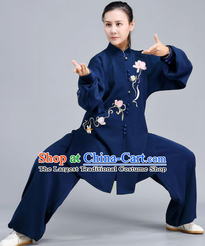 Chinese Traditional Embroidered Lotus Shirt and Pants Tai Chi Training Clothing Tai Ji Chuan Competition Midnight Blue Outfits