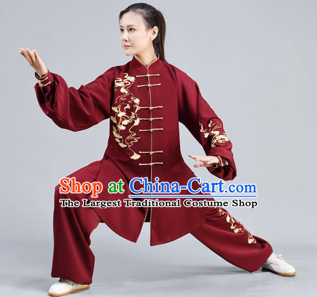 Chinese Tai Ji Chuan Training Maroon Outfits Traditional Embroidered Ginkgo Leaf Shirt and Pants Tai Chi Performance Clothing