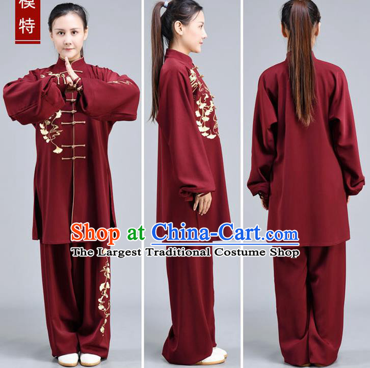 Chinese Tai Ji Chuan Training Maroon Outfits Traditional Embroidered Ginkgo Leaf Shirt and Pants Tai Chi Performance Clothing