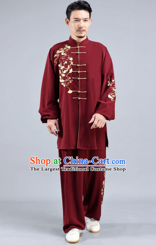 Chinese Tai Ji Chuan Training Maroon Outfits Traditional Embroidered Ginkgo Leaf Shirt and Pants Tai Chi Performance Clothing