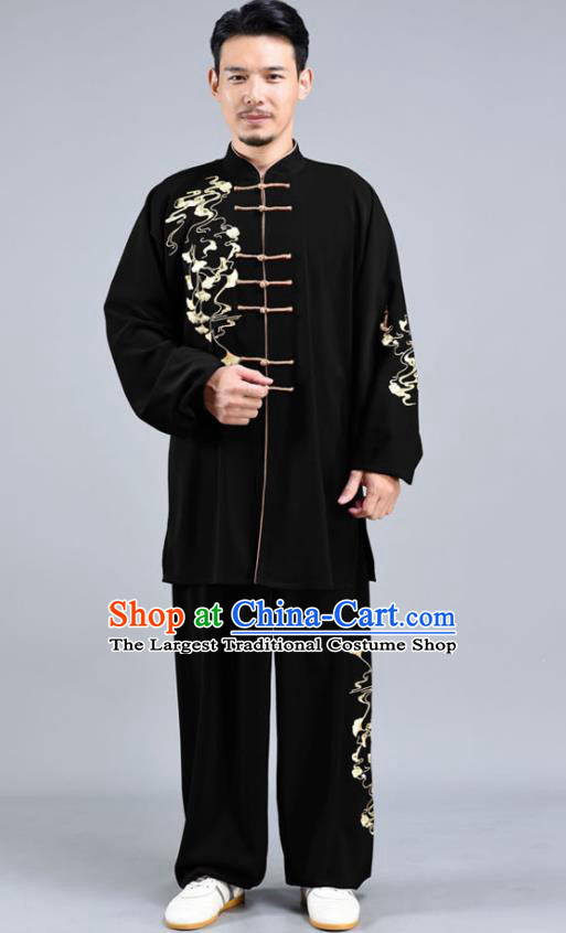 Chinese Tai Chi Performance Clothing Tai Ji Chuan Training Black Outfits Traditional Embroidered Ginkgo Leaf Shirt and Pants