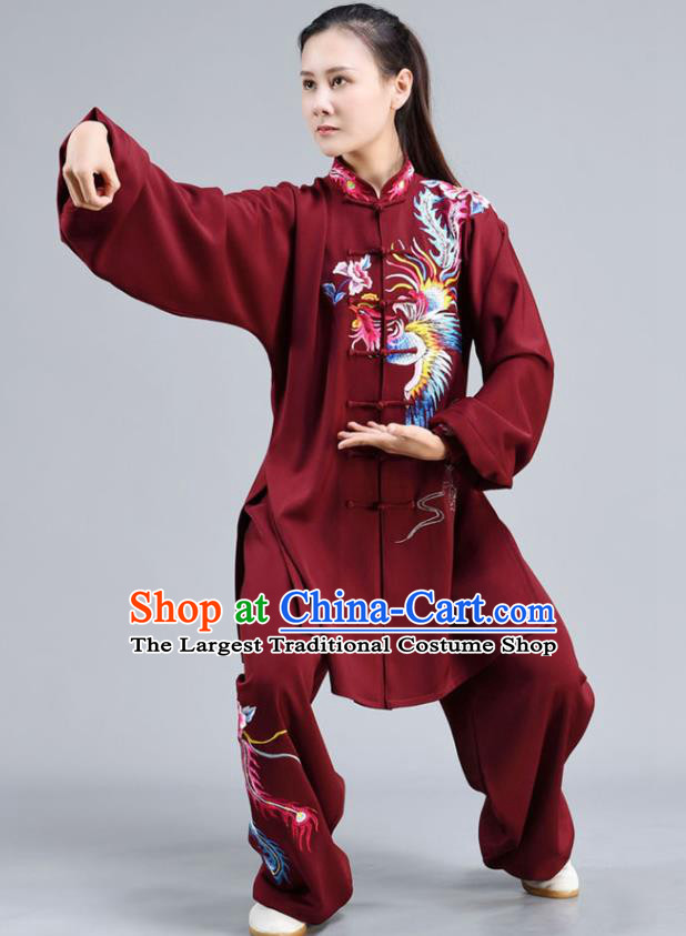 Chinese Tai Ji Chuan Training Maroon Outfits Traditional Embroidered Phoenix Shirt and Pants Tai Chi Kung Fu Clothing