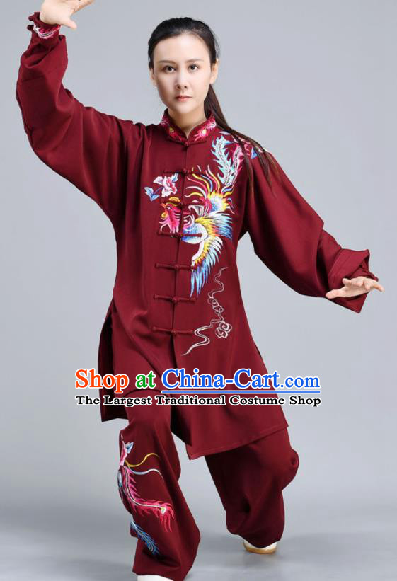 Chinese Tai Ji Chuan Training Maroon Outfits Traditional Embroidered Phoenix Shirt and Pants Tai Chi Kung Fu Clothing