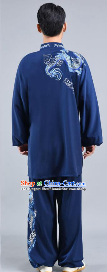 Chinese Tai Ji Performance Midnight Blue Outfits Traditional Embroidered Dragon Shirt and Pants Tai Chi Competition Clothing