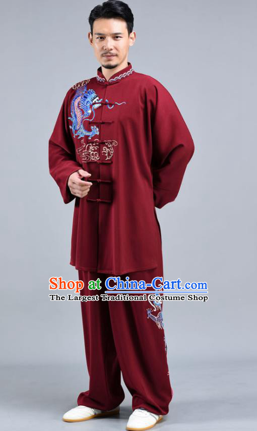 Chinese Tai Chi Competition Clothing Tai Ji Performance Maroon Outfits Traditional Embroidered Dragon Shirt and Pants Set