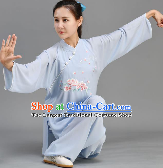 Chinese Traditional Kung Fu Two Pieces Set Embroidered Light Blue Uniform Tai Chi Performance Clothing Tai Ji Chuan Outfit