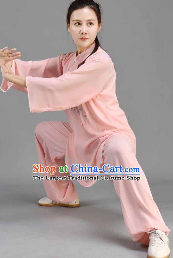 Chinese Tai Ji Chuan Outfit Traditional Kung Fu Two Pieces Set Embroidered Pink Uniform Tai Chi Performance Clothing