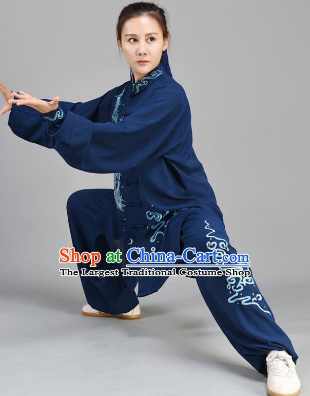 Chinese Tai Chi Performance Clothing Tai Ji Chuan Outfit Traditional Kung Fu Two Pieces Set Embroidered Midnight Blue Uniform