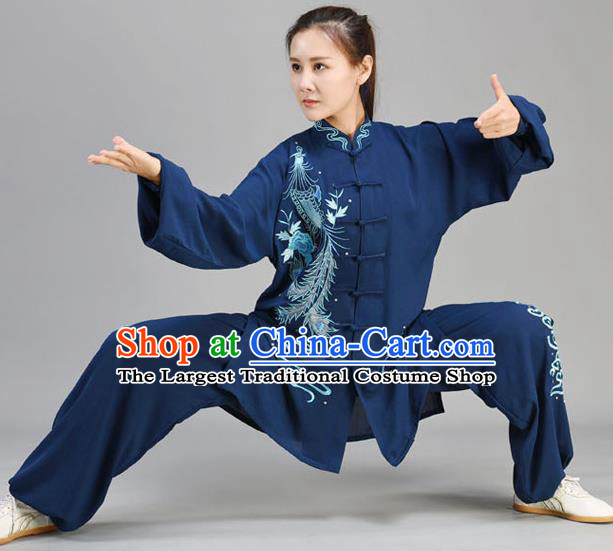 Chinese Tai Chi Performance Clothing Tai Ji Chuan Outfit Traditional Kung Fu Two Pieces Set Embroidered Midnight Blue Uniform