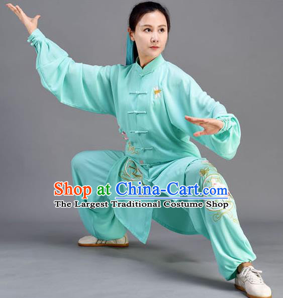 Chinese Embroidered Lotus Uniform Tai Chi Competition Clothing Tai Ji Performance Cyan Outfits Traditional Kung Fu Garments