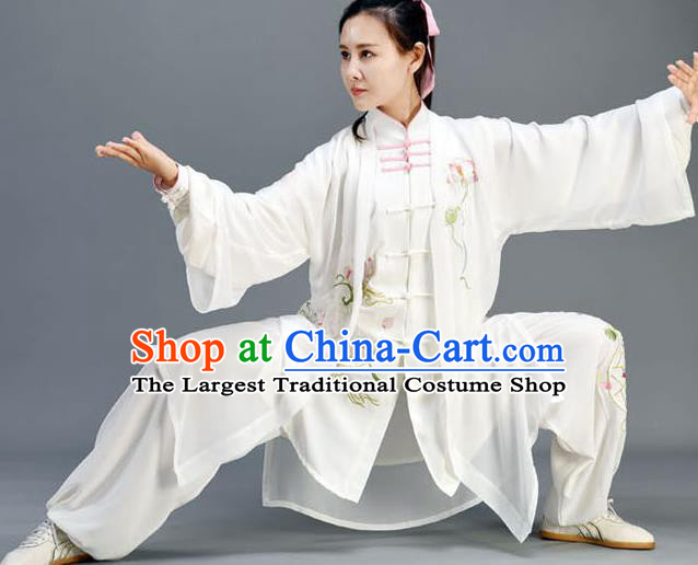 Chinese Traditional Kung Fu Garments Embroidered Lotus Uniform Tai Chi Competition Clothing Tai Ji Performance White Outfits