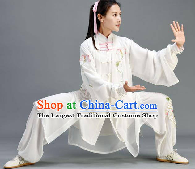 Chinese Traditional Kung Fu Garments Embroidered Lotus Uniform Tai Chi Competition Clothing Tai Ji Performance White Outfits