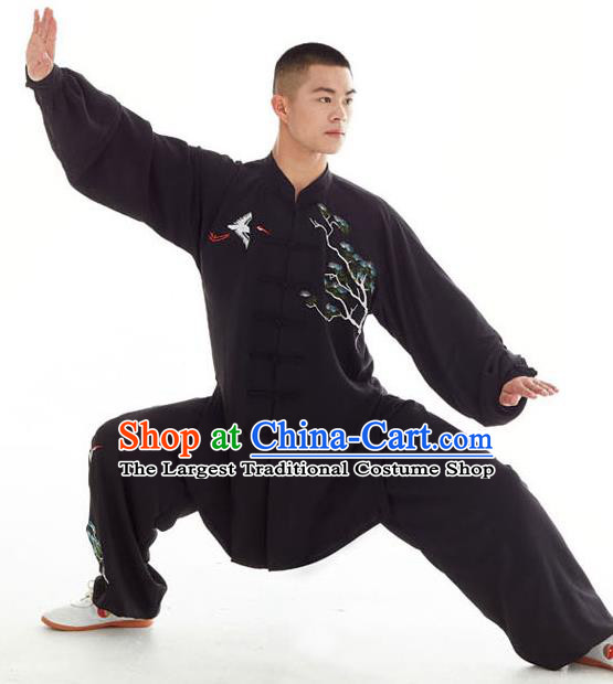 Chinese Tai Ji Performance Outfits Traditional Kung Fu Garments Embroidered Pine Black Uniform Tai Chi Competition Clothing