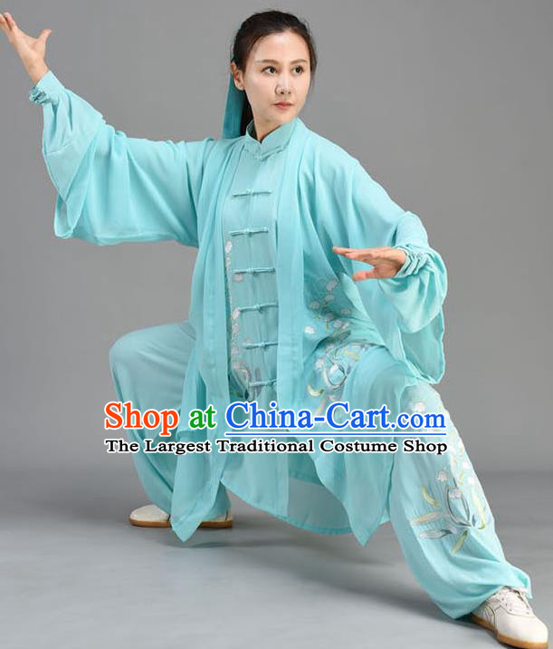 Chinese Embroidered Orchids Blue Uniform Tai Chi Performance Clothing Tai Ji Chuan Outfits Traditional Kung Fu Three Pieces Set