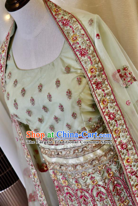 India Bride Embroidered Clothing Top Light Green Sari Asian Traditional Garment Costumes Indian Wedding Dress