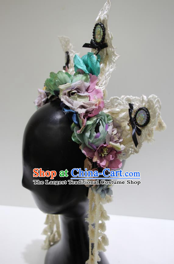 Top Baroque Silk Flowers Headdress Party Lace Headwear Handmade Royal Crown