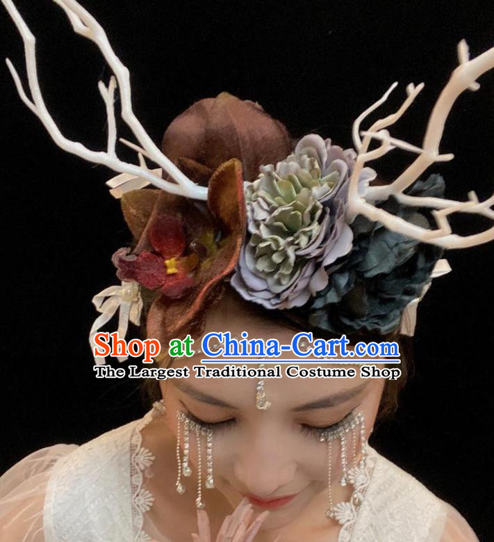 Handmade Branch Royal Crown Top Baroque Silk Flowers Headdress Party Headwear