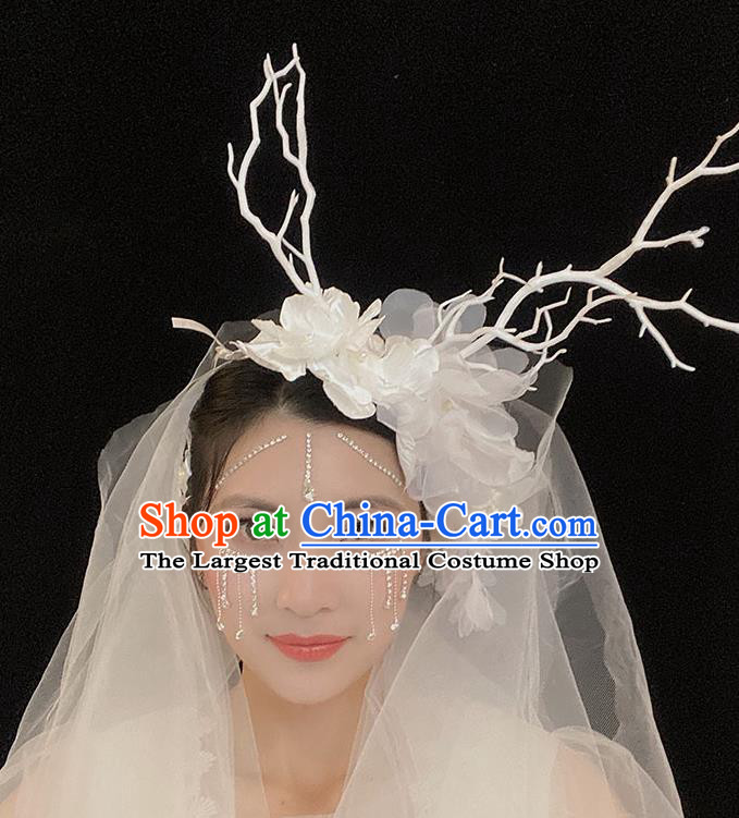 Handmade Party White Flowers Headwear Branch Royal Crown Top Baroque Headdress