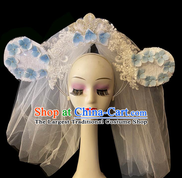 Handmade Blue Flowers Hair Clasp Headwear Baroque Style Lace Ears Headdress Party Royal Crown