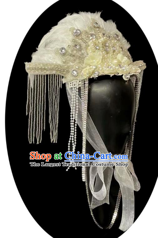 Handmade Catwalks Performance Headdress White Feather Top Hat Baroque Style Pearls Headwear