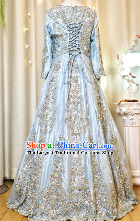Top Embroidered Light Blue Lengha Outfit India Bride Clothing Traditional Garment Costumes Indian Wedding Dress