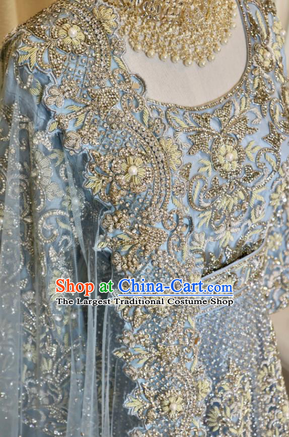 Indian Wedding Dress  Top Embroidered Light Blue Lengha Outfit India Bride Clothing Traditional Garment Costumes