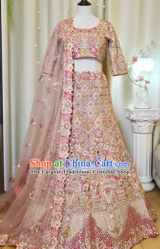 Indian Traditional Garment Costumes Wedding Dress Top Embroidered Pink Lengha Outfit India Bride Clothing