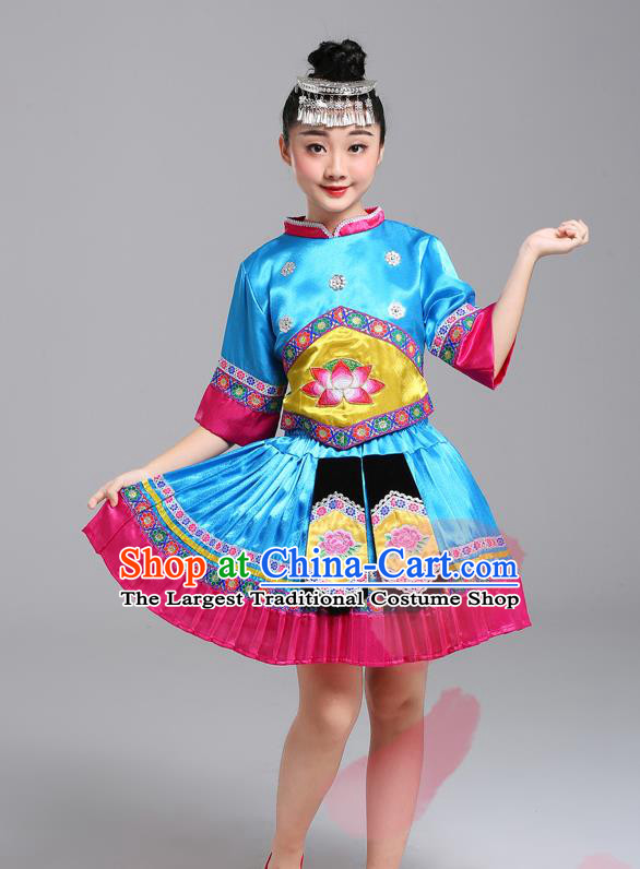 Chinese Guangxi Nationality Girl Blue Dress Outfits Zhuang Ethnic Festival Costumes Yi Minority Folk Dance Clothing