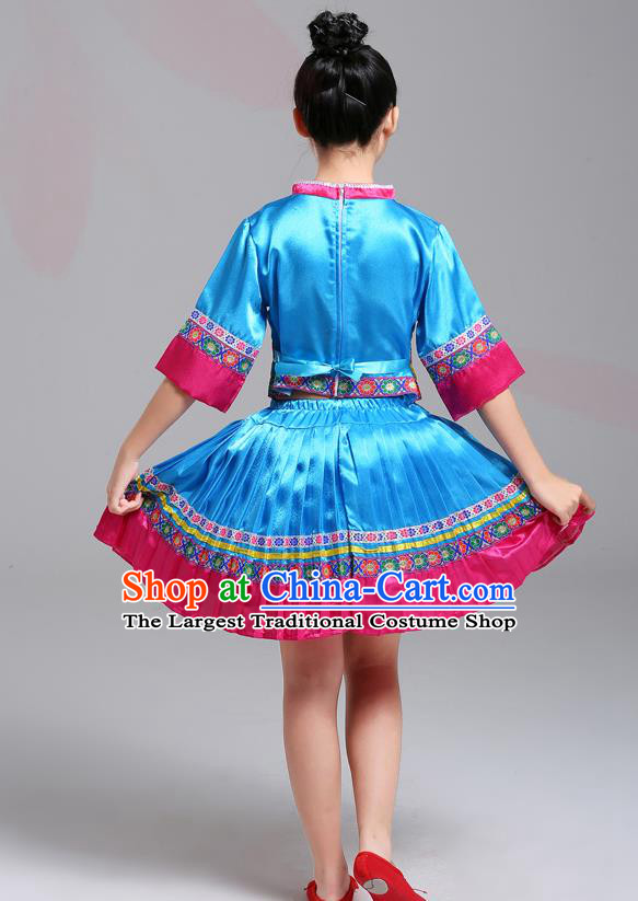 Chinese Guangxi Nationality Girl Blue Dress Outfits Zhuang Ethnic Festival Costumes Yi Minority Folk Dance Clothing