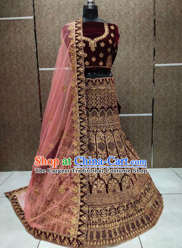 Top Indian Embroidered Maroon Velvet Dress Outfit India Wedding Clothing Traditional Bride Lengha Garment
